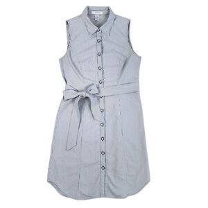 Grace Sleeveless Dress Blue Striped Midi Buttton Front Cotton Blend Tie Waist 6